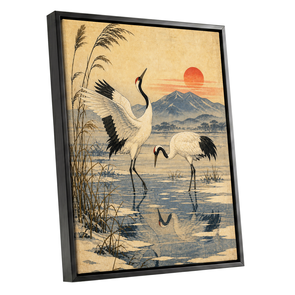Cranes in Amber Light, beige, blue, black nature wall art shown as a black framed canvas wall art