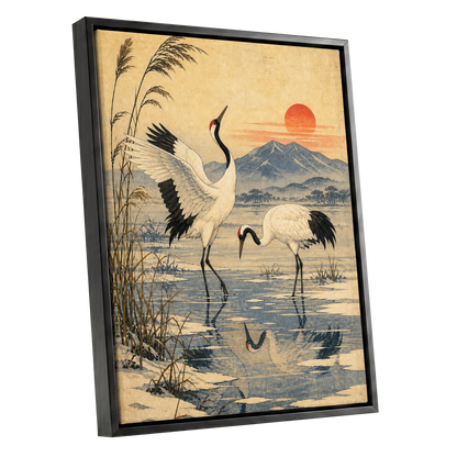 Cranes in Amber Light, beige, blue, black nature wall art shown as a black framed canvas wall art