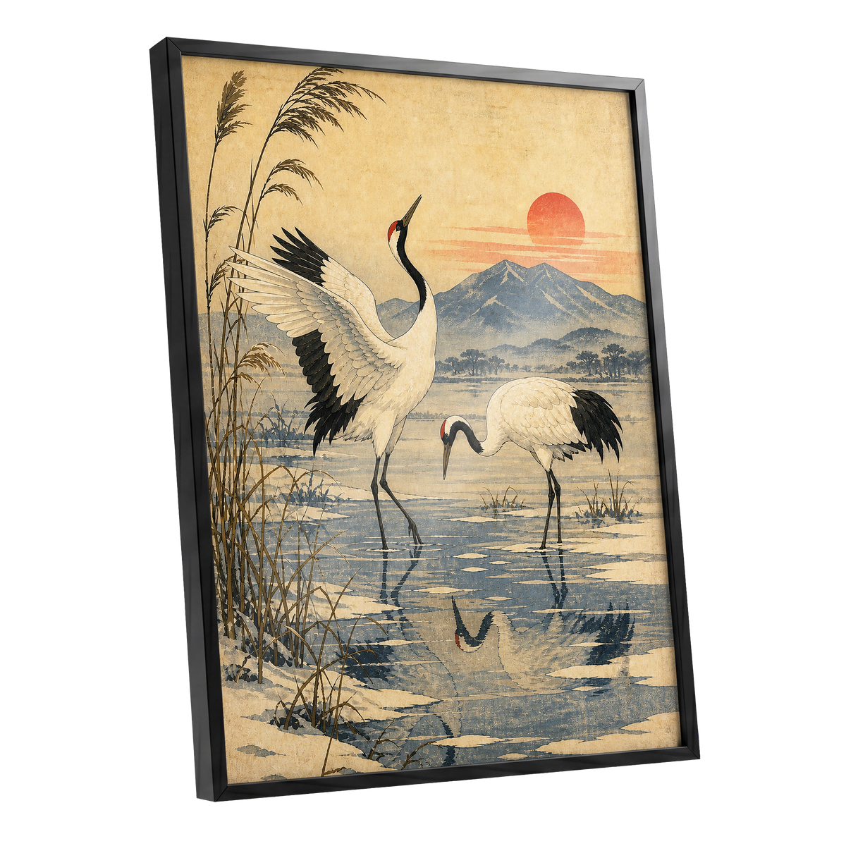 Cranes in Amber Light, beige, blue, black nature wall art shown as a black framed poster wall art print