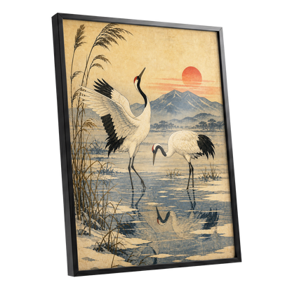 Cranes in Amber Light, beige, blue, black nature wall art shown as a black framed poster wall art print