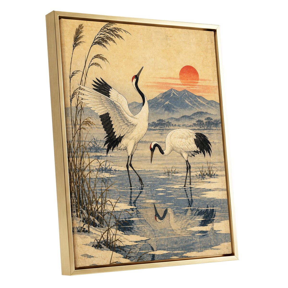 Cranes in Amber Light, beige, blue, black nature wall art shown as a gold framed canvas wall art