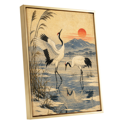 Cranes in Amber Light, beige, blue, black nature wall art shown as a gold framed canvas wall art