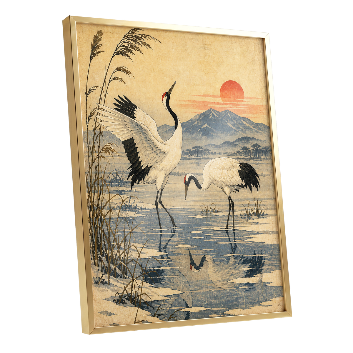 Cranes in Amber Light, beige, blue, black nature wall art shown as a gold framed poster wall art print