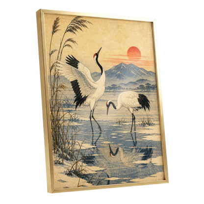 Cranes in Amber Light, beige, blue, black nature wall art shown as a gold framed poster wall art print