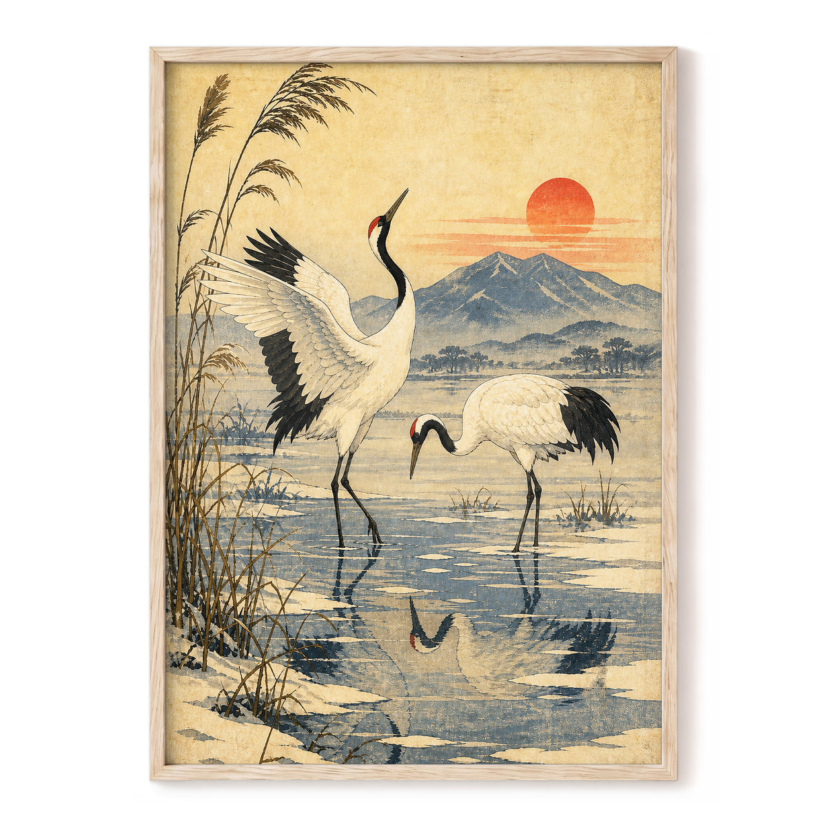 Cranes in Amber Light, beige, blue, black nature wall art, front artwork view