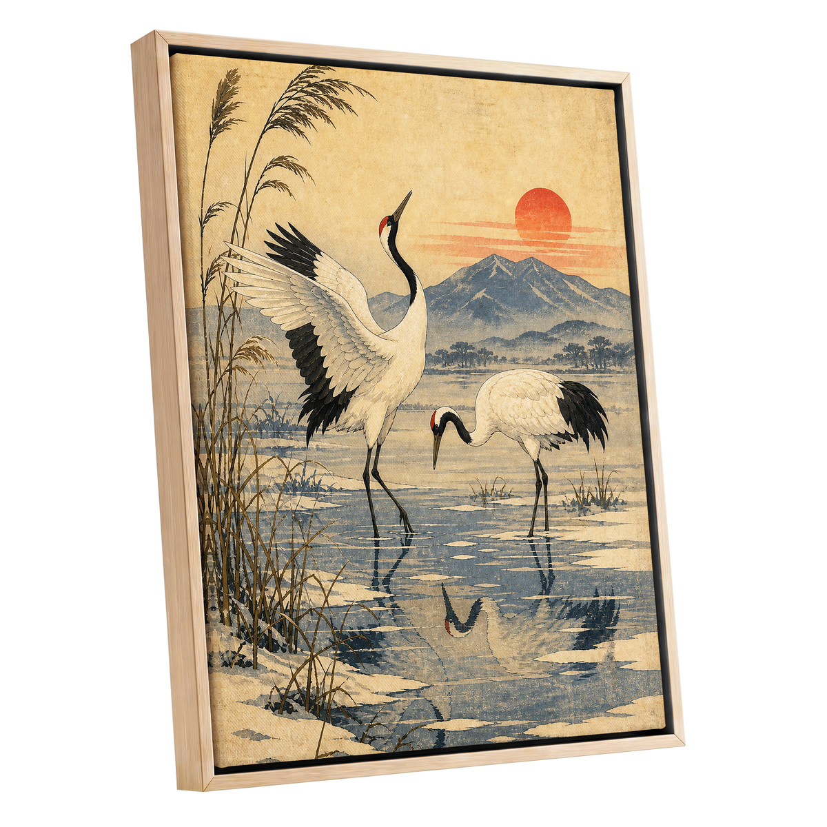 Cranes in Amber Light, beige, blue, black nature wall art shown as a oak framed canvas wall art