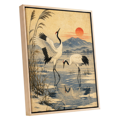 Cranes in Amber Light, beige, blue, black nature wall art shown as a oak framed canvas wall art