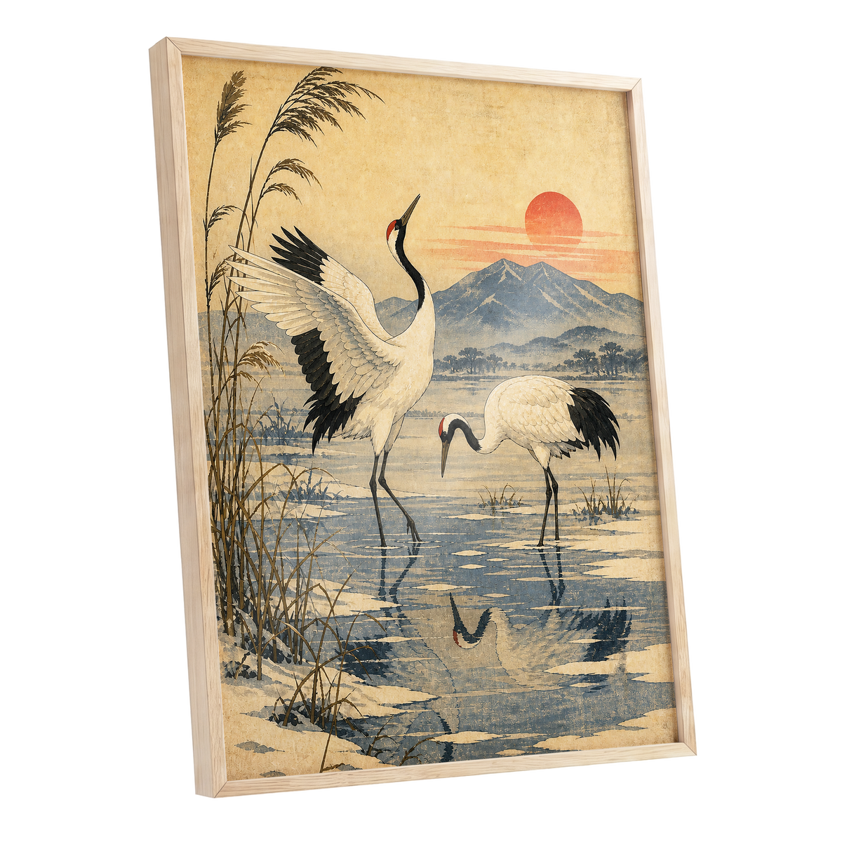 Cranes in Amber Light, beige, blue, black nature wall art shown as a oak framed poster wall art print