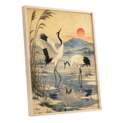 Cranes in Amber Light, beige, blue, black nature wall art shown as a oak framed poster wall art print