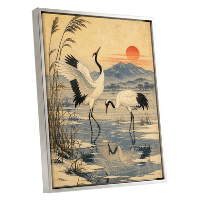 Cranes in Amber Light, beige, blue, black nature wall art shown as a silver framed canvas wall art