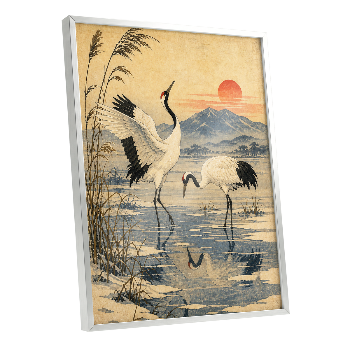 Cranes in Amber Light, beige, blue, black nature wall art shown as a silver framed poster wall art print