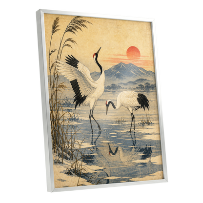 Cranes in Amber Light, beige, blue, black nature wall art shown as a silver framed poster wall art print
