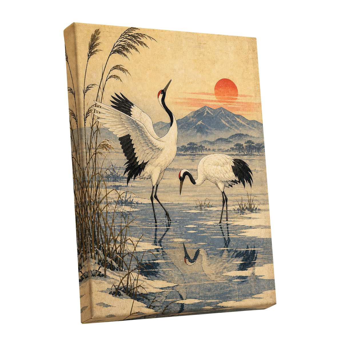 Cranes in Amber Light, beige, blue, black nature wall art shown as a stretched canvas wall art