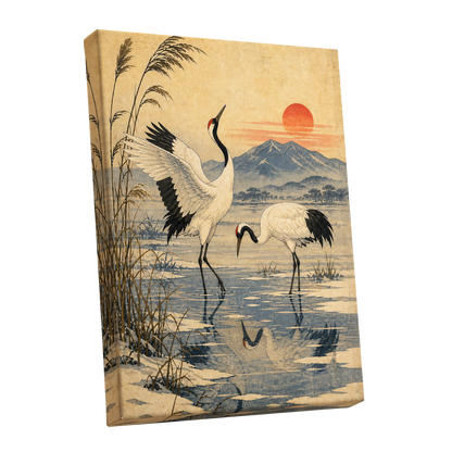 Cranes in Amber Light, beige, blue, black nature wall art shown as a stretched canvas wall art