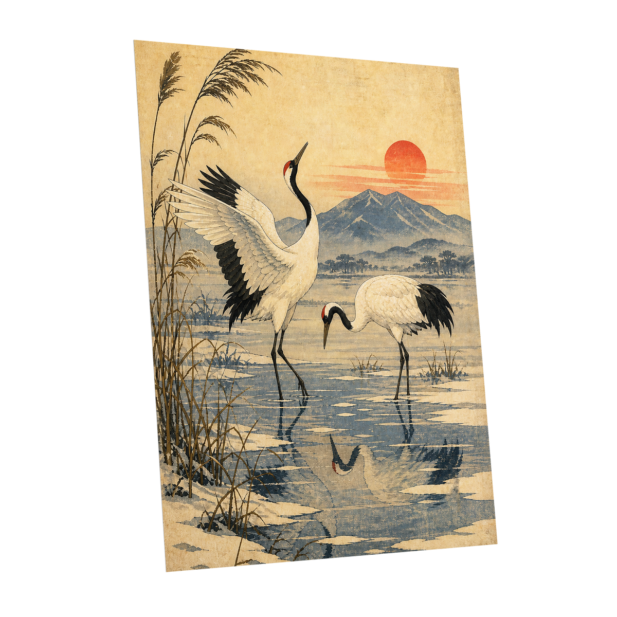 Cranes in Amber Light, beige, blue, black nature wall art shown as a unframed poster wall art print