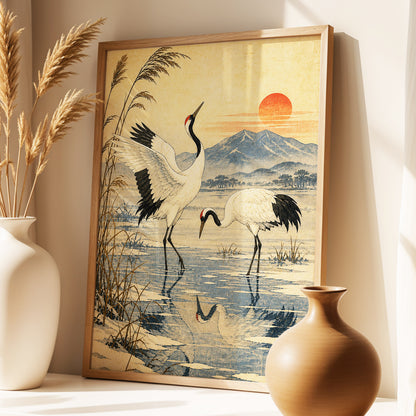Cranes in Amber Light, beige, blue, black nature wall art displayed in a styled interior, gallery view 2