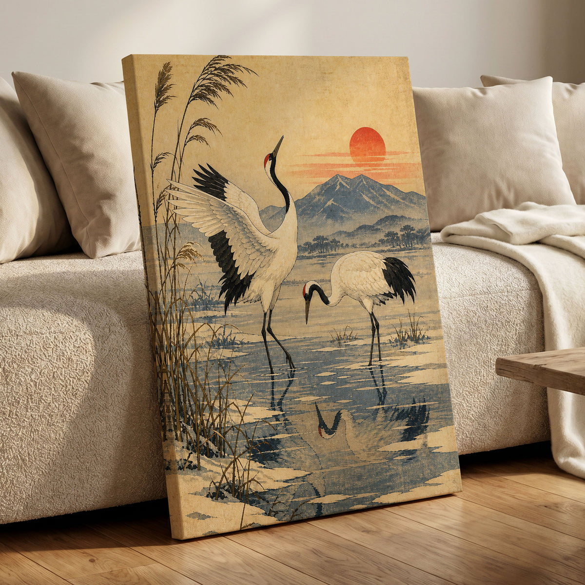 Cranes in Amber Light, beige, blue, black nature wall art displayed in a styled interior, gallery view 3