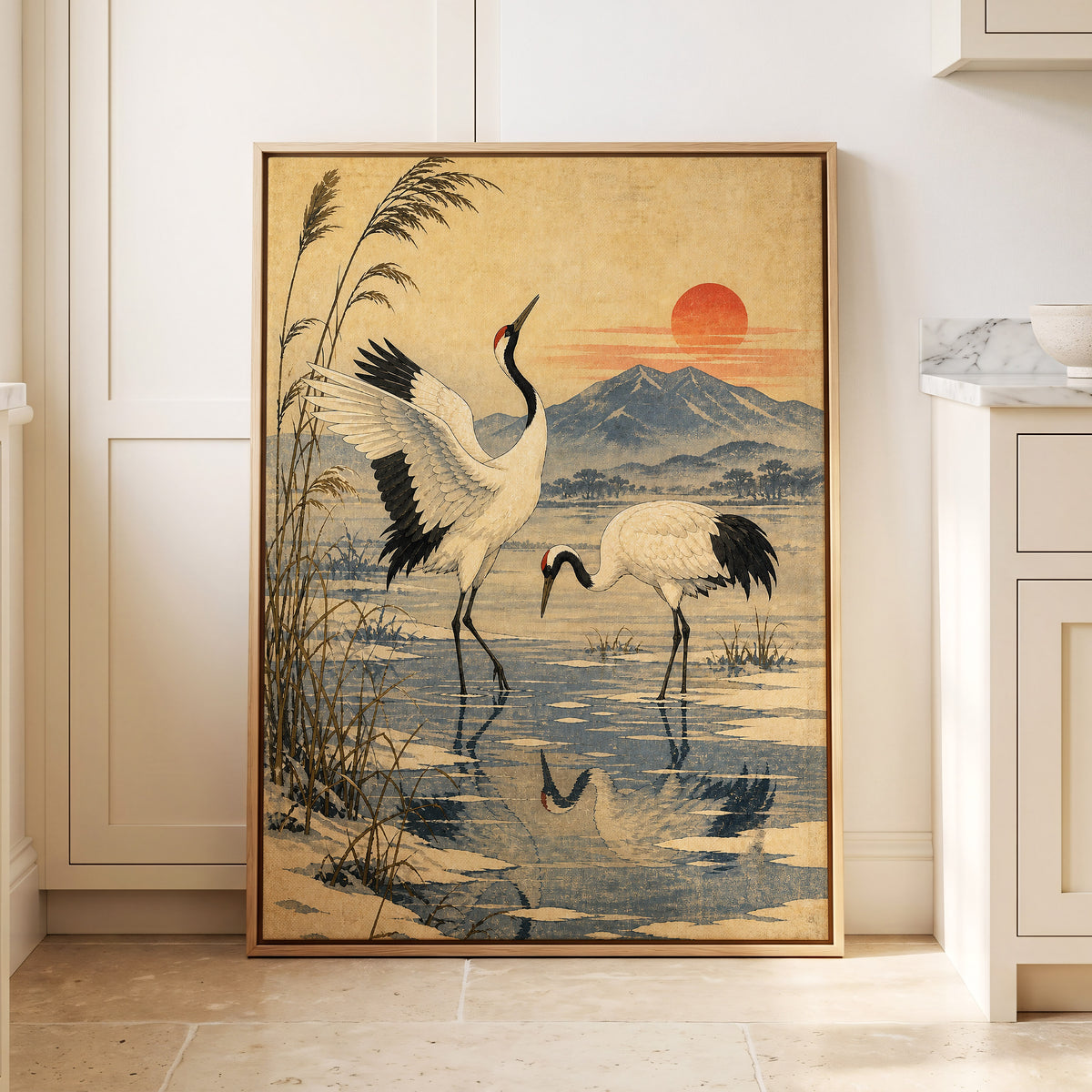 Cranes in Amber Light, beige, blue, black nature wall art displayed in a styled interior, gallery view 4