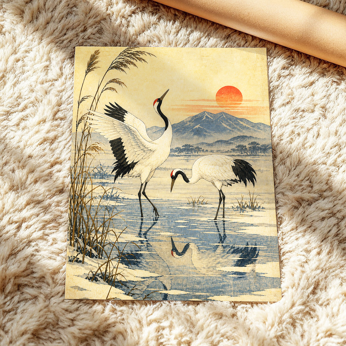 Cranes in Amber Light, beige, blue, black nature wall art displayed in a styled interior, gallery view 5