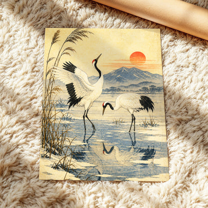 Cranes in Amber Light, beige, blue, black nature wall art displayed in a styled interior, gallery view 5