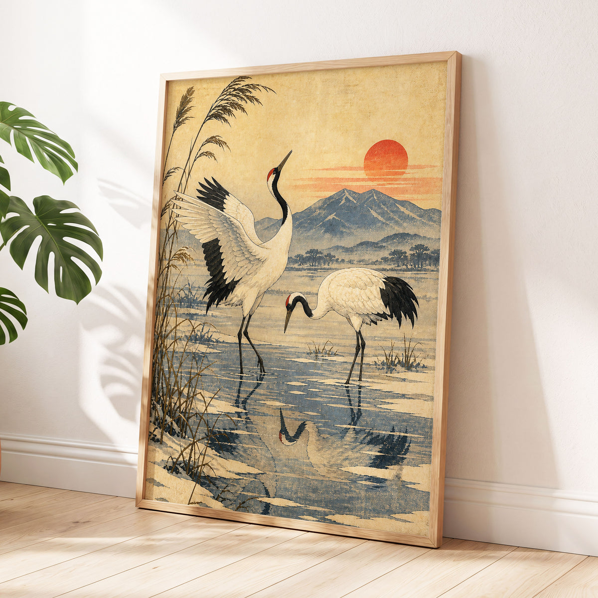 Cranes in Amber Light, beige, blue, black nature wall art displayed in a styled interior, gallery view 6