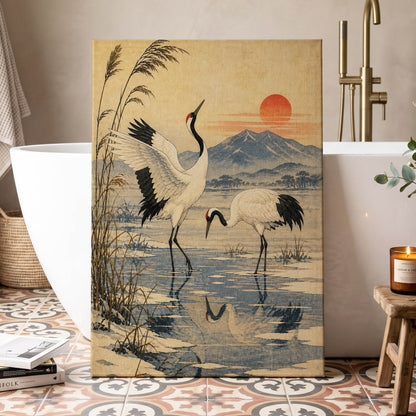 Cranes in Amber Light, beige, blue, black nature wall art displayed in a styled interior, gallery view 7