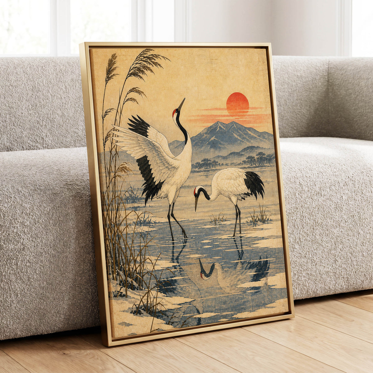 Cranes in Amber Light, beige, blue, black nature wall art displayed in a styled interior, gallery view 8