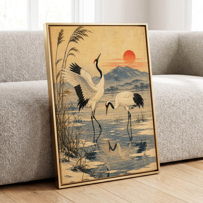Cranes in Amber Light, beige, blue, black nature wall art displayed in a styled interior, gallery view 8