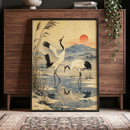 Cranes in Amber Light, beige, blue, black nature wall art displayed in a styled interior, gallery view 9