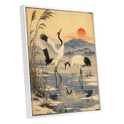 Cranes in Amber Light, beige, blue, black nature wall art shown as a white framed canvas wall art
