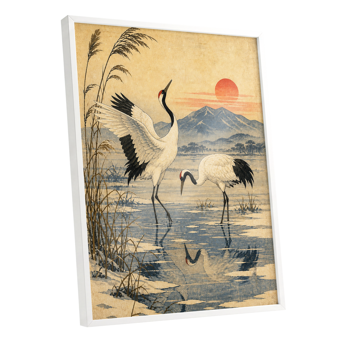 Cranes in Amber Light, beige, blue, black nature wall art shown as a white framed poster wall art print