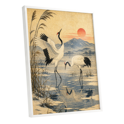 Cranes in Amber Light, beige, blue, black nature wall art shown as a white framed poster wall art print