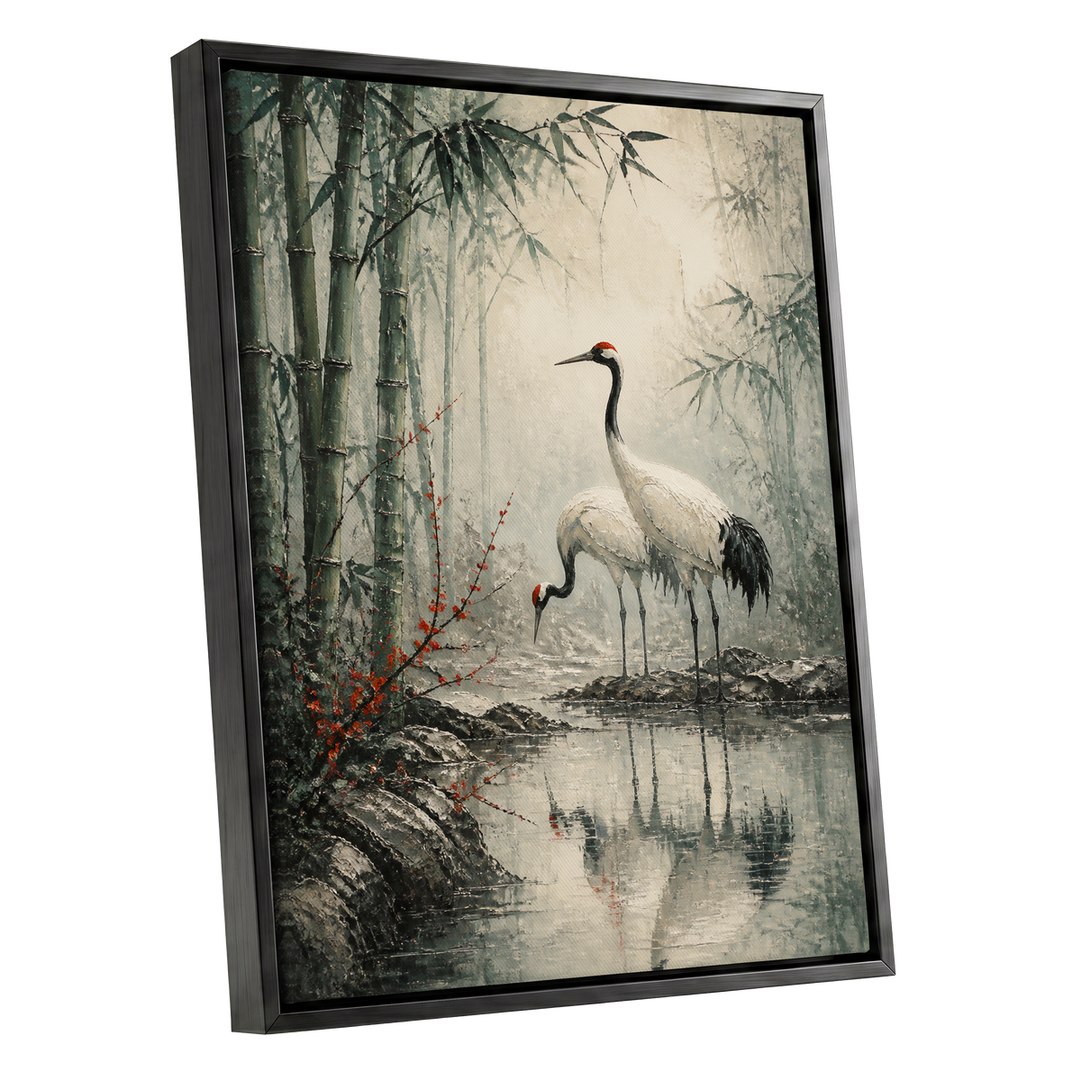 Cranes in the Bamboo Mist, green, beige, gray nature wall art shown as a black framed canvas wall art