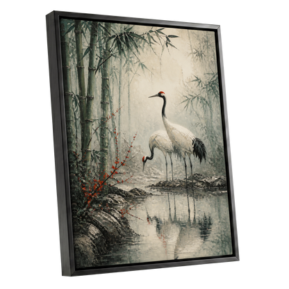 Cranes in the Bamboo Mist, green, beige, gray nature wall art shown as a black framed canvas wall art