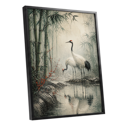 Cranes in the Bamboo Mist, green, beige, gray nature wall art shown as a black framed poster wall art print