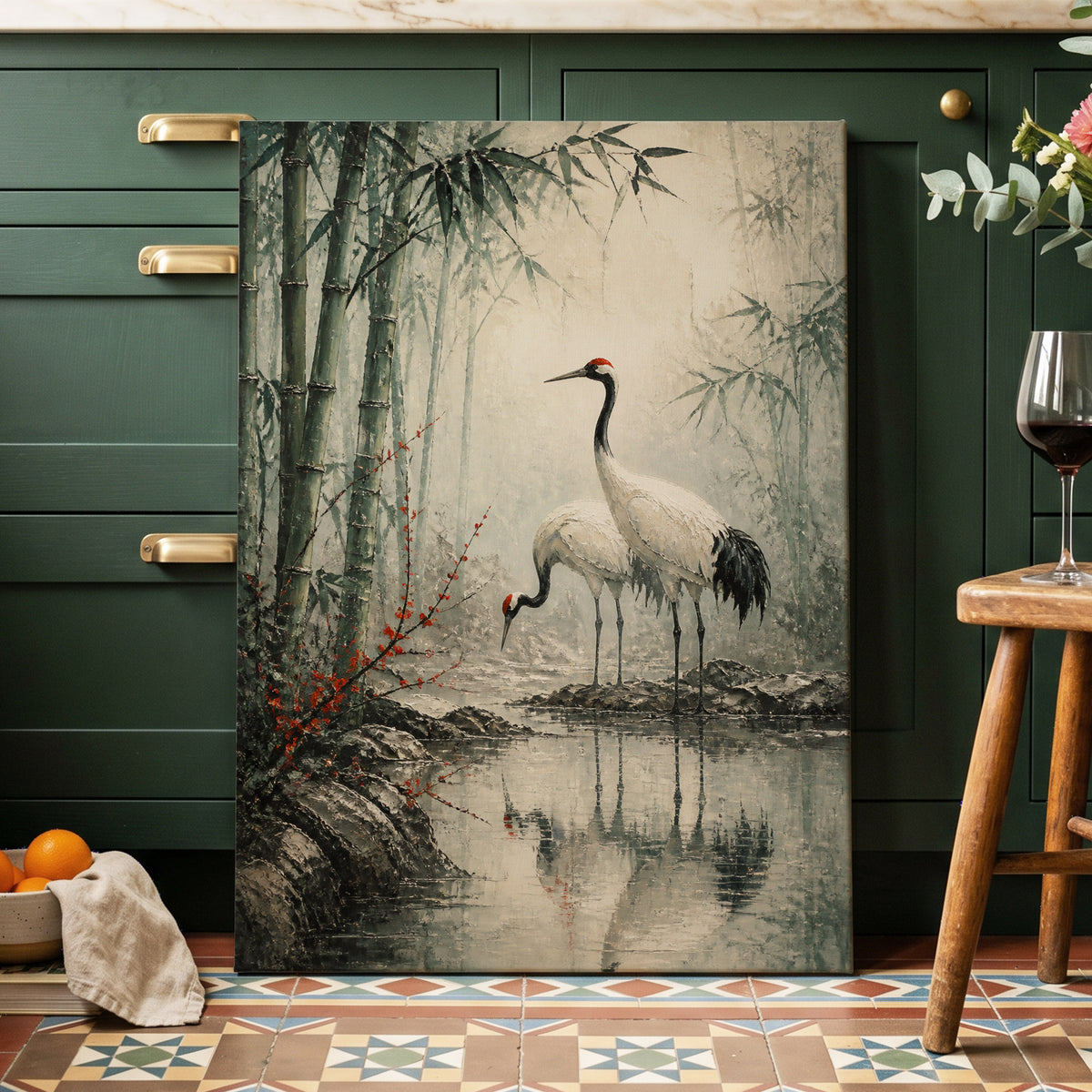 Cranes in the Bamboo Mist, green, beige, gray nature wall art on canvas displayed in a styled interior, gallery view 1