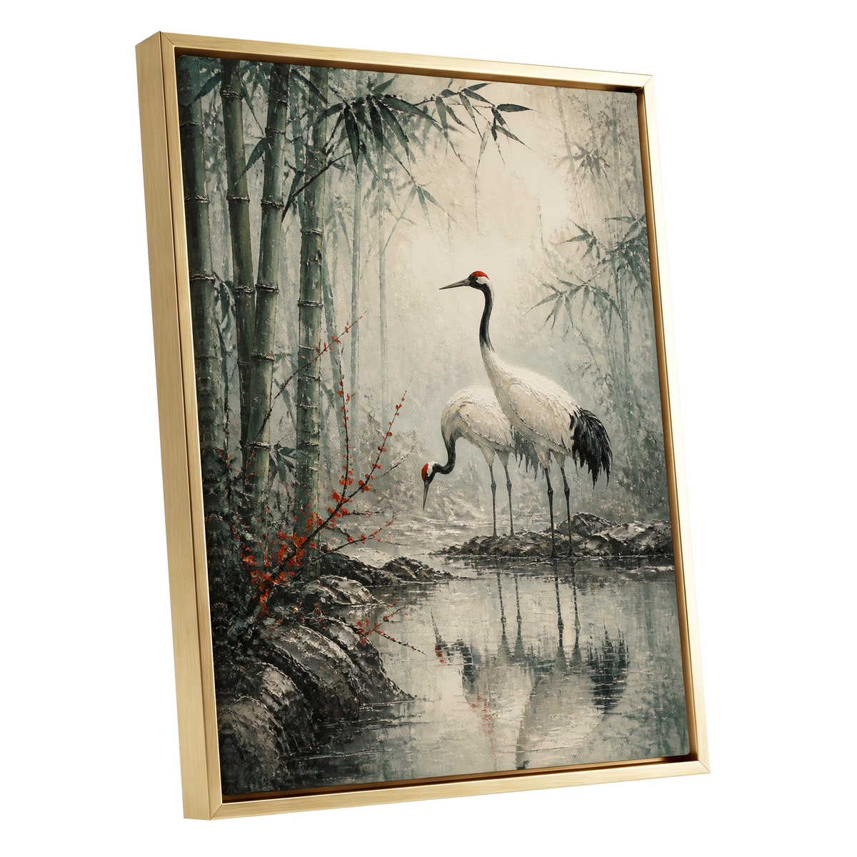 Cranes in the Bamboo Mist, green, beige, gray nature wall art shown as a gold framed canvas wall art