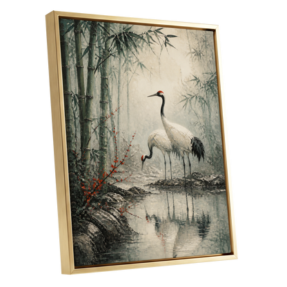 Cranes in the Bamboo Mist, green, beige, gray nature wall art shown as a gold framed canvas wall art