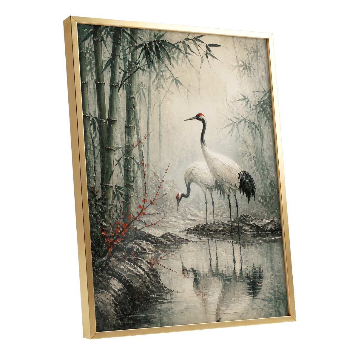 Cranes in the Bamboo Mist, green, beige, gray nature wall art shown as a gold framed poster wall art print