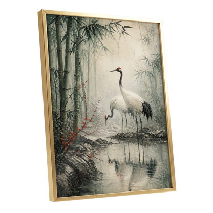 Cranes in the Bamboo Mist, green, beige, gray nature wall art shown as a gold framed poster wall art print