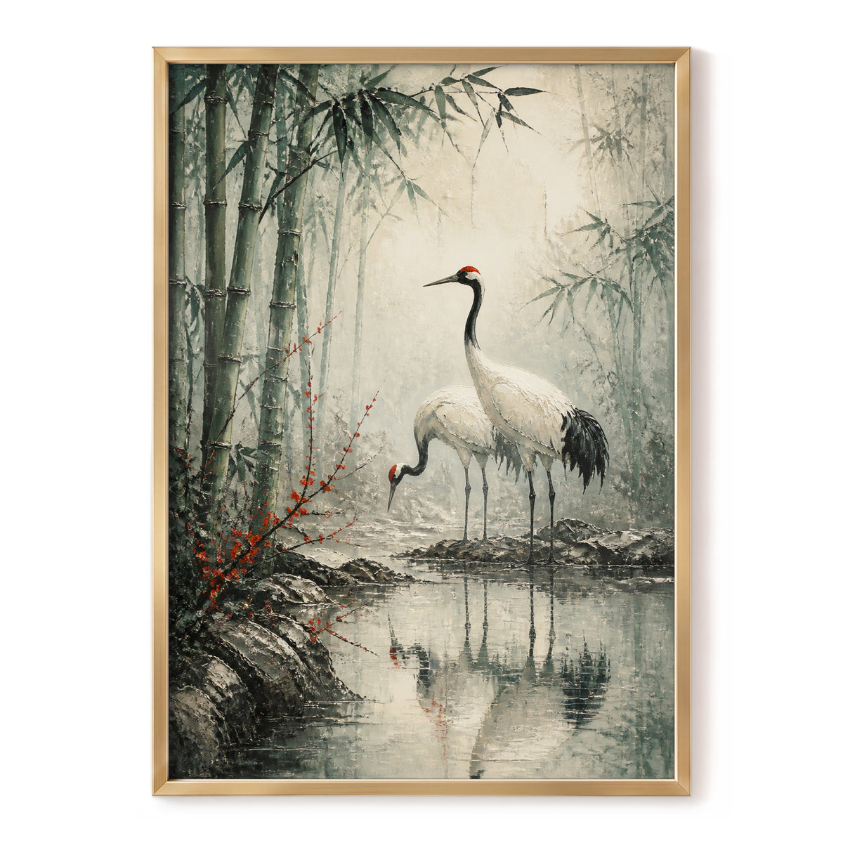 Cranes in the Bamboo Mist, green, beige, gray nature wall art, front artwork view