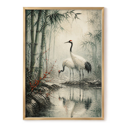 Cranes in the Bamboo Mist, green, beige, gray nature wall art, front artwork view
