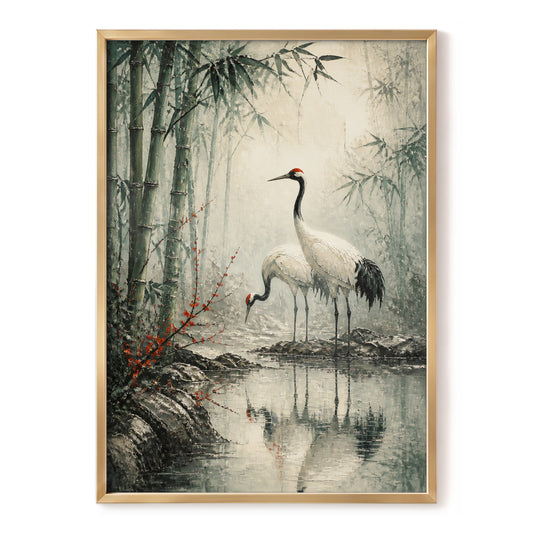 Cranes in the Bamboo Mist, green, beige, gray nature wall art, front artwork view