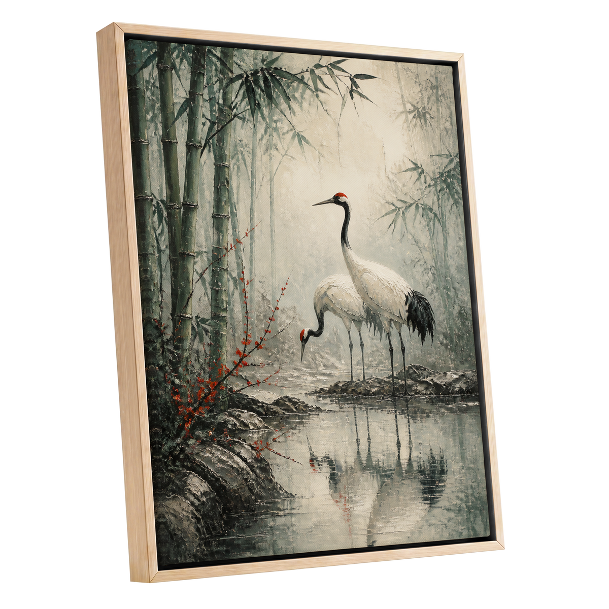 Cranes in the Bamboo Mist, green, beige, gray nature wall art shown as a oak framed canvas wall art