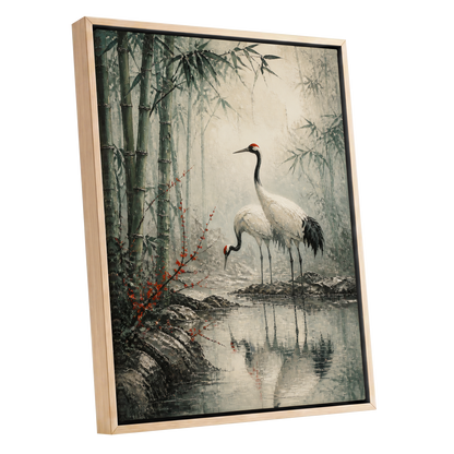 Cranes in the Bamboo Mist, green, beige, gray nature wall art shown as a oak framed canvas wall art