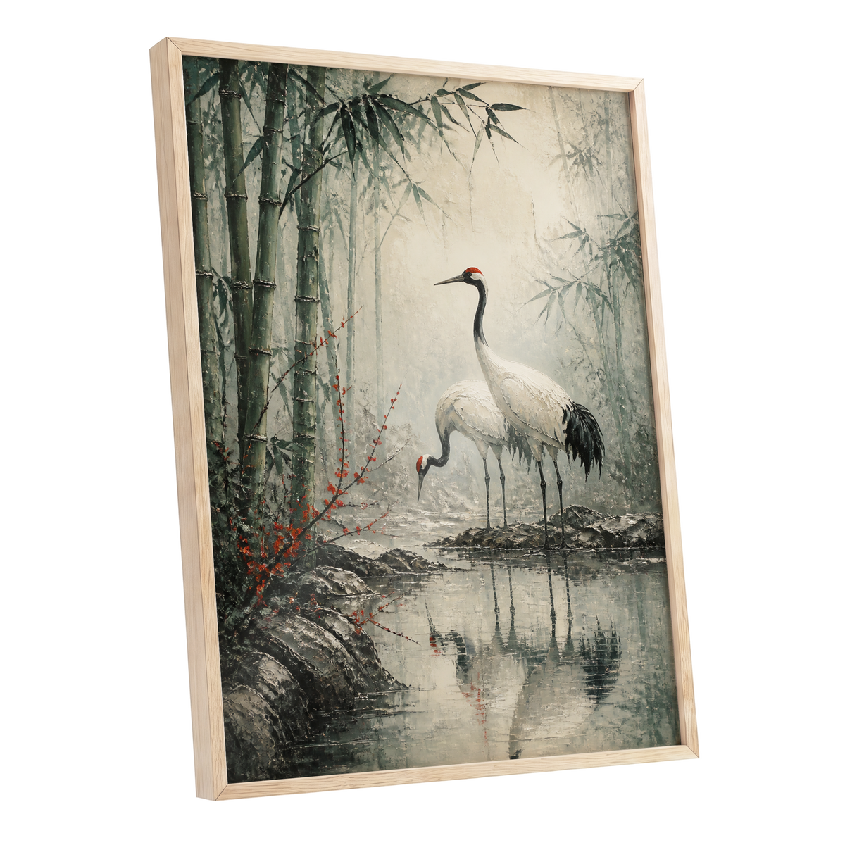 Cranes in the Bamboo Mist, green, beige, gray nature wall art shown as a oak framed poster wall art print