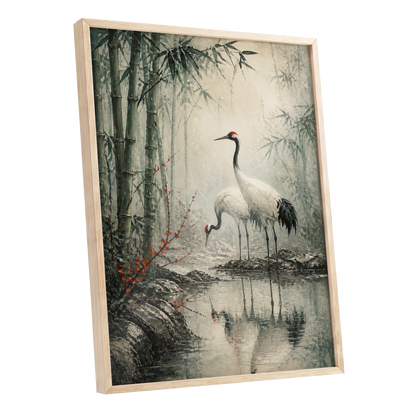 Cranes in the Bamboo Mist, green, beige, gray nature wall art shown as a oak framed poster wall art print