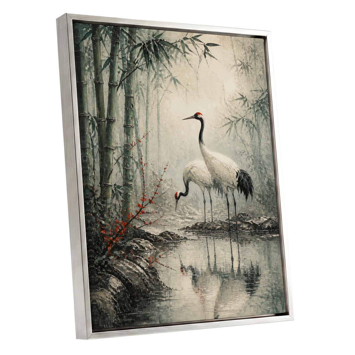 Cranes in the Bamboo Mist, green, beige, gray nature wall art shown as a silver framed canvas wall art