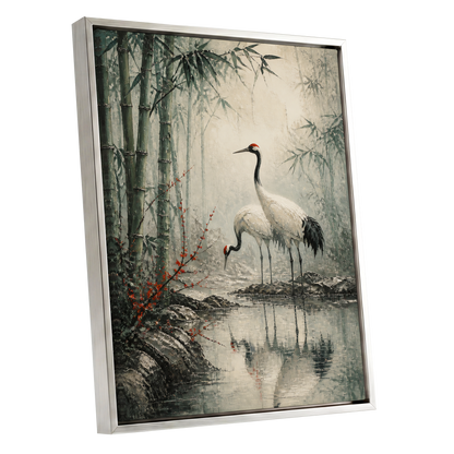 Cranes in the Bamboo Mist, green, beige, gray nature wall art shown as a silver framed canvas wall art