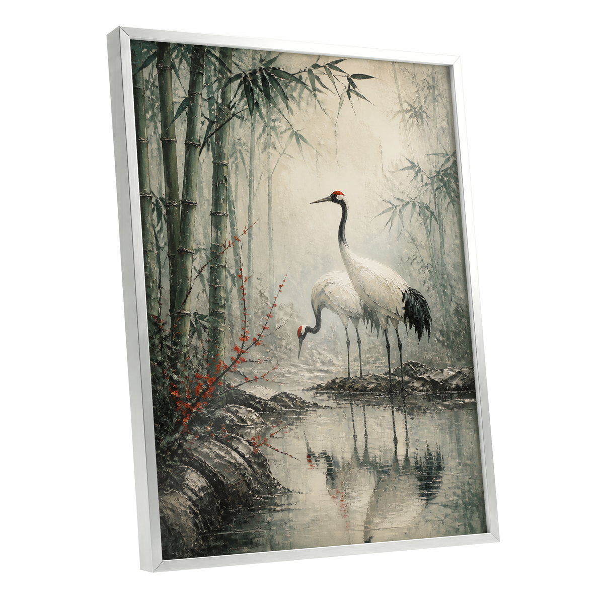 Cranes in the Bamboo Mist, green, beige, gray nature wall art shown as a silver framed poster wall art print